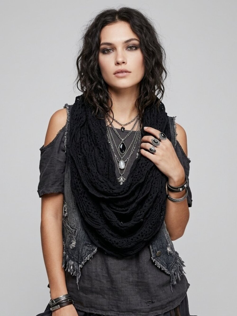 Rampage Black Ruffle Open Knit Infinity Scarf Boho Loop Circle Cowl